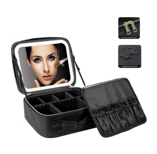 Makeup bag with LED lighted mirror
